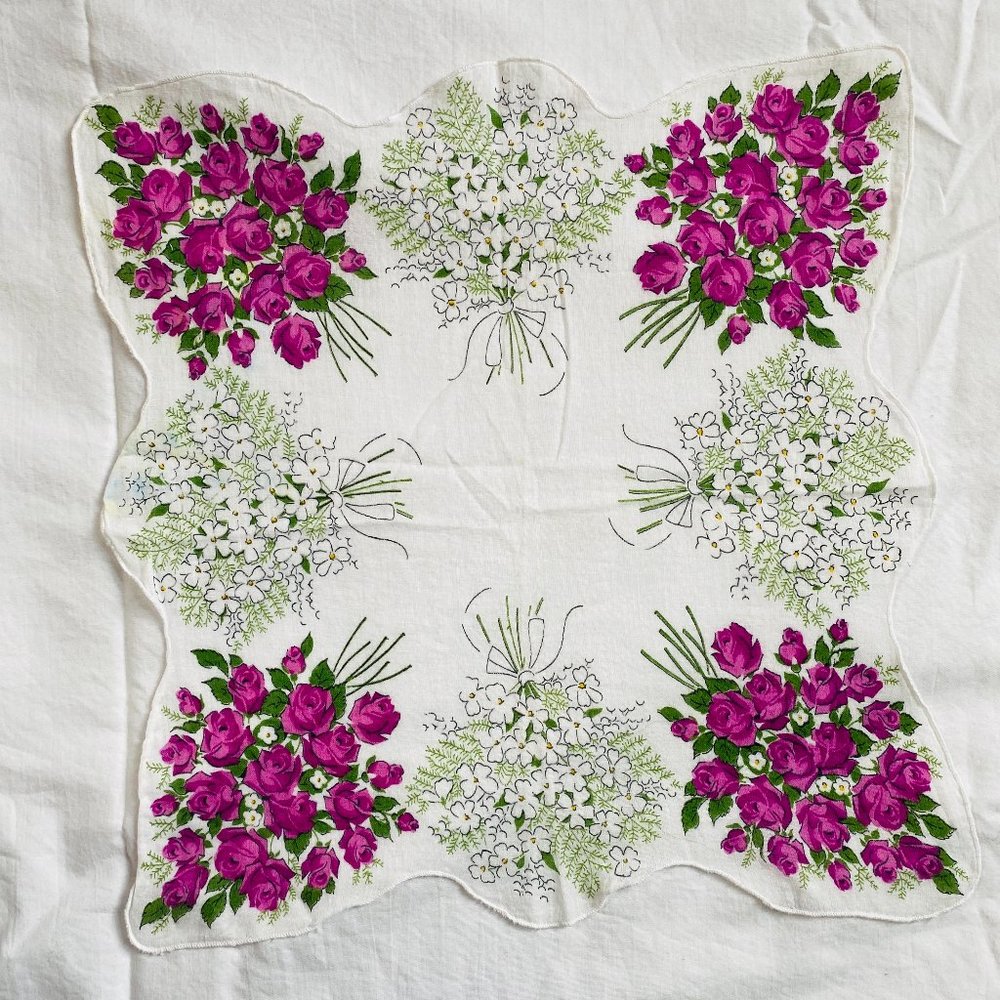 Vintage Handkerchief Floral Bouquet Purple Roses White Pansies Scalloped Edge